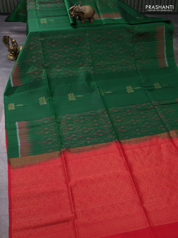 Ikat soft silk saree green and red with allover ikat weaves & buttas and temple design simple border