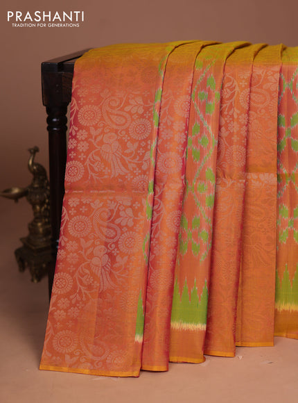 Ikat soft silk saree dual shade od pinkish red and black with allover ikat weaves and zari woven border