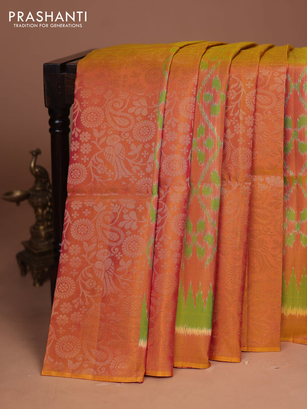 Ikat soft silk saree dual shade od pinkish red and black with allover ikat weaves and zari woven border