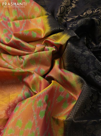 Ikat soft silk saree dual shade od pinkish red and black with allover ikat weaves and zari woven border