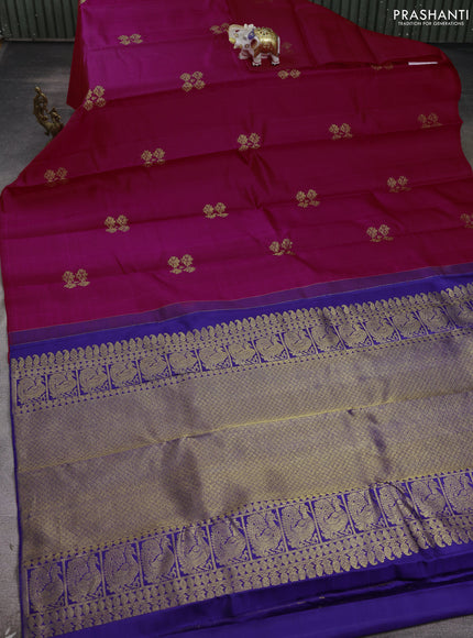 Kora kanchipuram silk saree pink and blue wiith zari woven buttas in borderless style