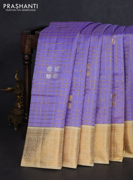 Kora kanchipuram silk saree lavender and cream with allover zari checks & buttas and zari woven korvai border