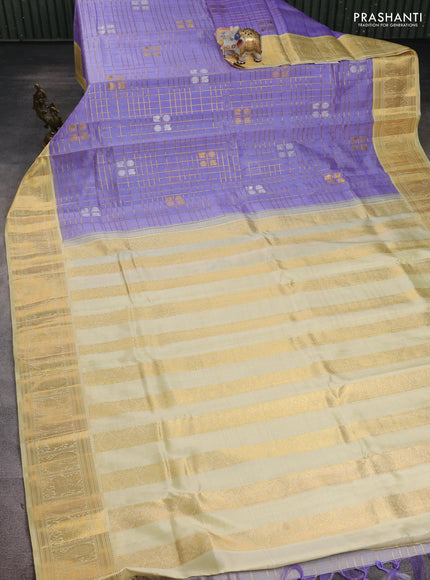 Kora kanchipuram silk saree lavender and cream with allover zari checks & buttas and zari woven korvai border