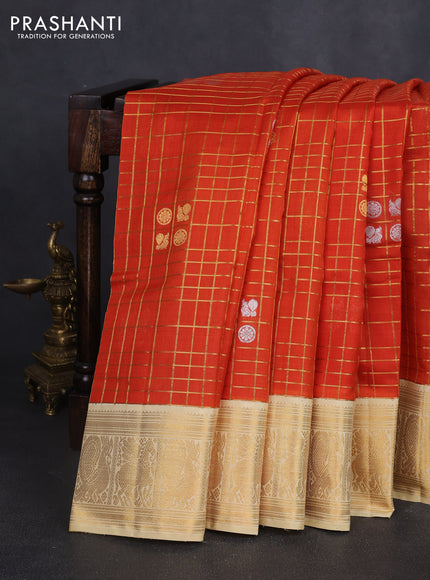 Kora kanchipuram silk saree orange and cream with allover zari checks & buttas and zari woven korvai border