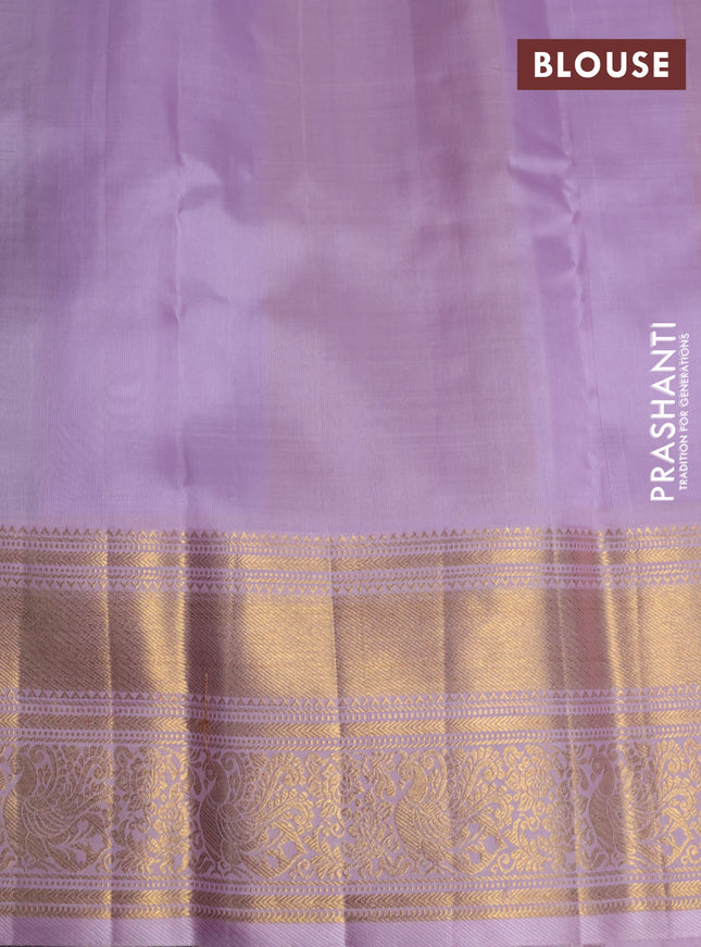 Kora kanchipuram silk saree dark sandal and baby pink with silver & gold zari woven buttas and zari woven korvai border
