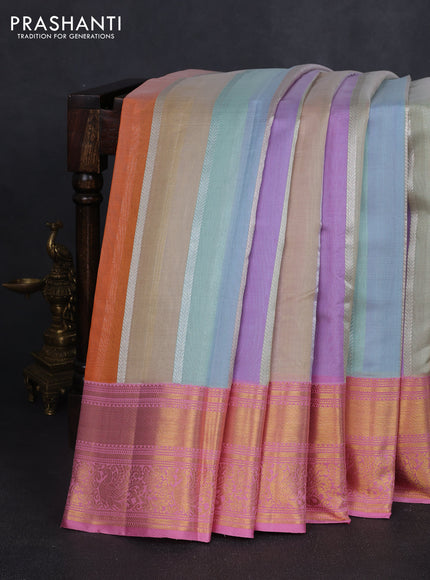 Kora kanchipuram silk saree multi colour and light pink with allover silver zari weaves and zari woven korvai border