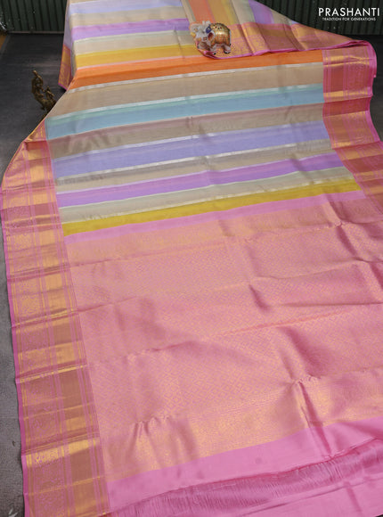 Kora kanchipuram silk saree multi colour and light pink with allover silver zari weaves and zari woven korvai border