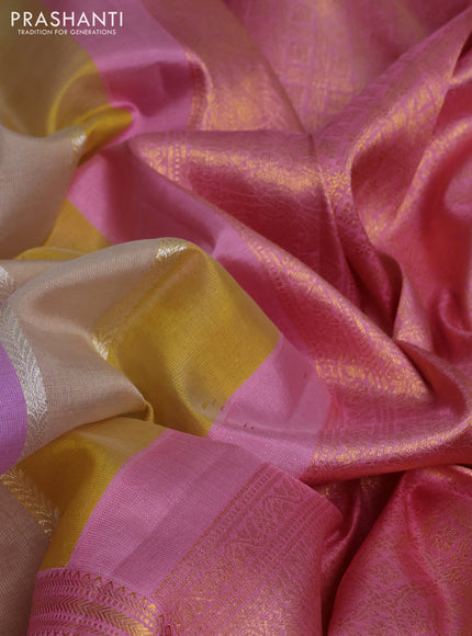 Kora kanchipuram silk saree multi colour and light pink with allover silver zari weaves and zari woven korvai border