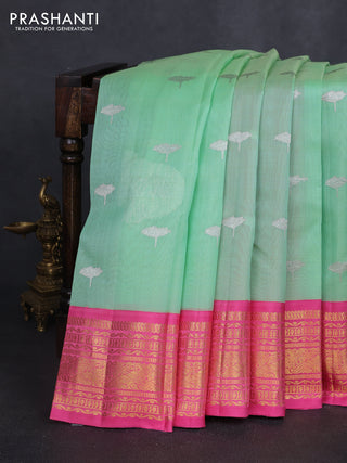 Kora kanchipuram silk saree pastel green and light pink with silver zari woven buttas and rich zari woven korvai border