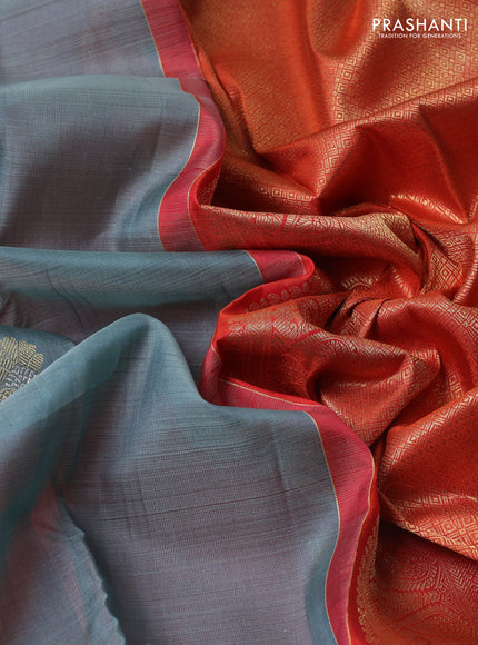Kora kanchipuram silk saree greyish blue and orange with floral zari woven buttas and zari woven border