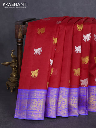 Kora kanchipuram silk saree red and royal blue with allover silver & gold zari woven buttas and zari woven korvai border