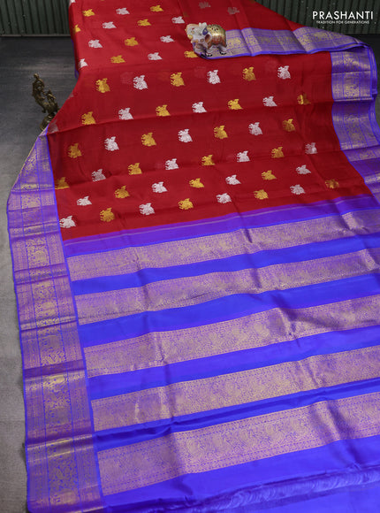 Kora kanchipuram silk saree red and royal blue with allover silver & gold zari woven buttas and zari woven korvai border