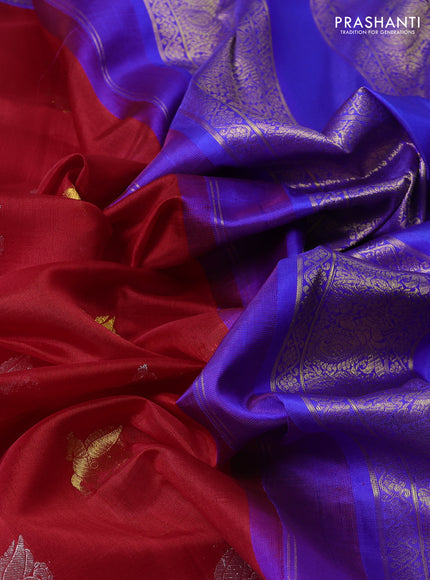 Kora kanchipuram silk saree red and royal blue with allover silver & gold zari woven buttas and zari woven korvai border