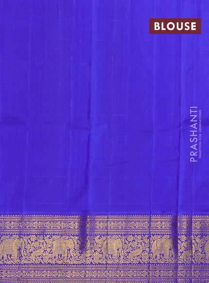 Kora kanchipuram silk saree red and royal blue with allover silver & gold zari woven buttas and zari woven korvai border
