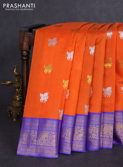 Kora kanchipuram silk saree orange and blue with allover silver & gold zari woven buttas and zari woven korvai border