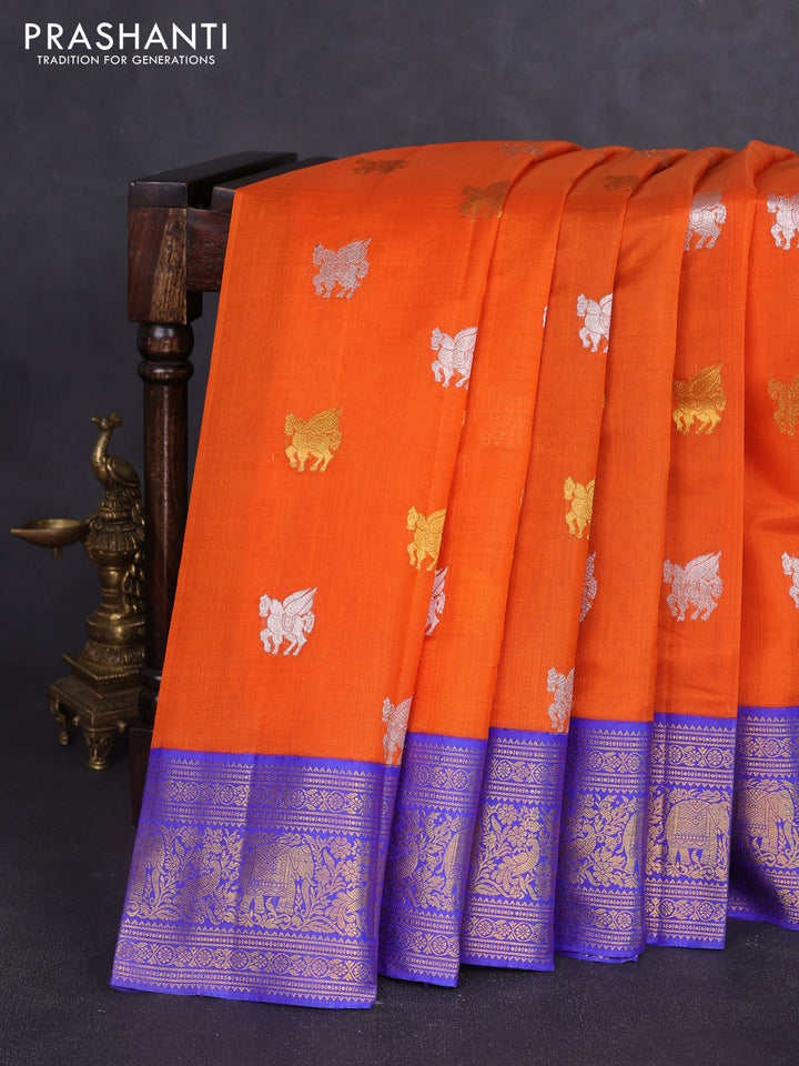 Kora kanchipuram silk saree orange and blue with allover silver & gold zari woven buttas and zari woven korvai border