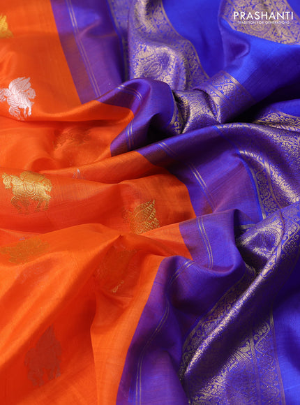 Kora kanchipuram silk saree orange and blue with allover silver & gold zari woven buttas and zari woven korvai border