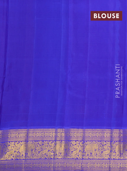 Kora kanchipuram silk saree orange and blue with allover silver & gold zari woven buttas and zari woven korvai border