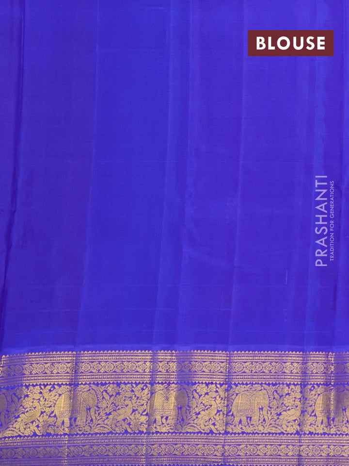 Kora kanchipuram silk saree orange and blue with allover silver & gold zari woven buttas and zari woven korvai border