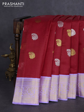 Kora kanchipuram silk saree red and lavender with allover silver & gold zari woven buttas and zari woven korvai border