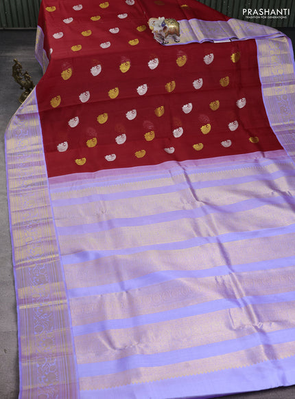 Kora kanchipuram silk saree red and lavender with allover silver & gold zari woven buttas and zari woven korvai border
