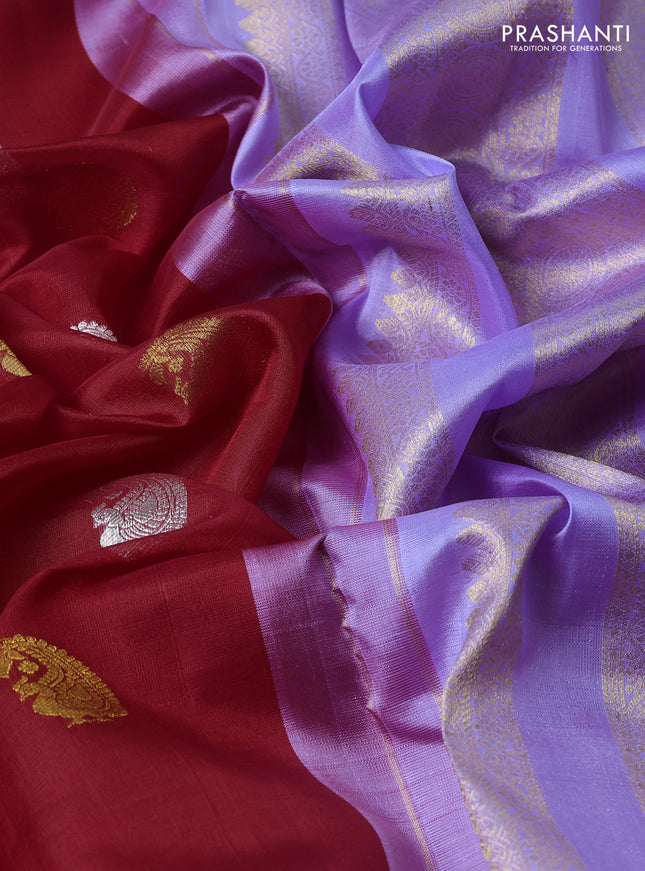 Kora kanchipuram silk saree red and lavender with allover silver & gold zari woven buttas and zari woven korvai border