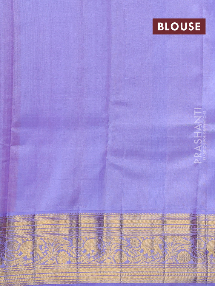 Kora kanchipuram silk saree red and lavender with allover silver & gold zari woven buttas and zari woven korvai border