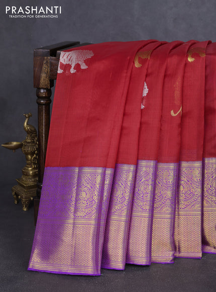 Kora kanchipuram silk saree red and violet with silver & gold zari woven buttas and long zari woven korvai border