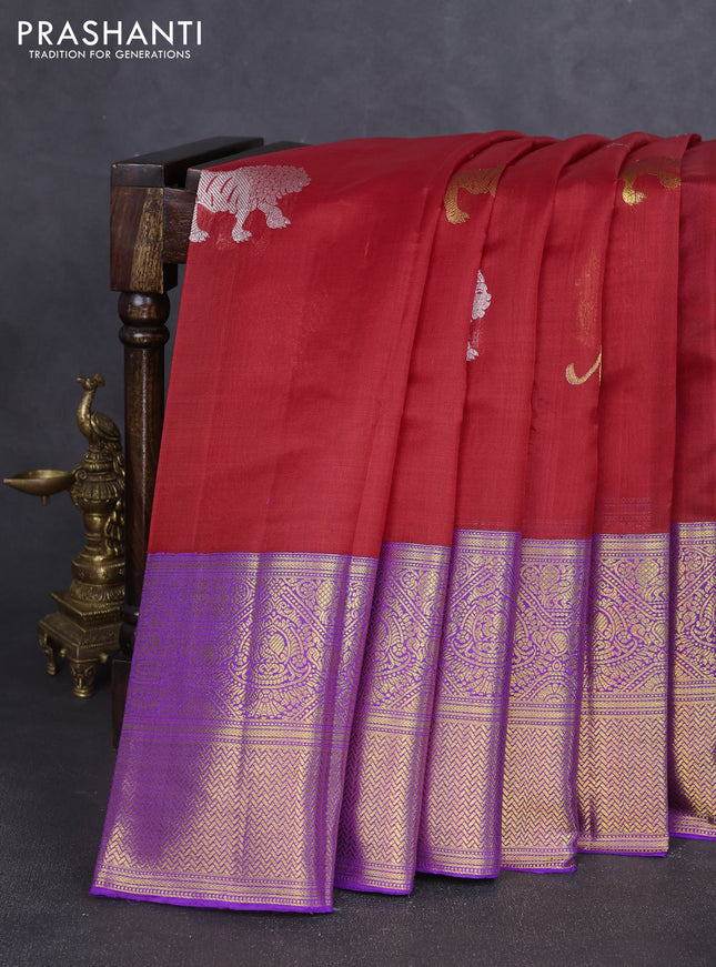 Kora kanchipuram silk saree red and violet with silver & gold zari woven buttas and long zari woven korvai border