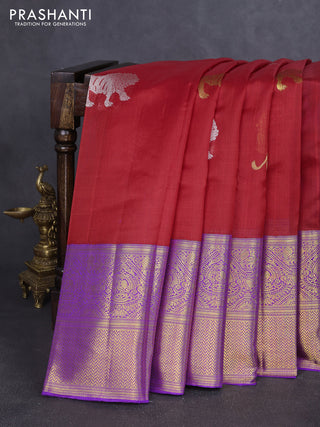 Kora kanchipuram silk saree red and violet with silver & gold zari woven buttas and long zari woven korvai border