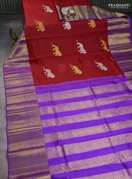 Kora kanchipuram silk saree red and violet with silver & gold zari woven buttas and long zari woven korvai border