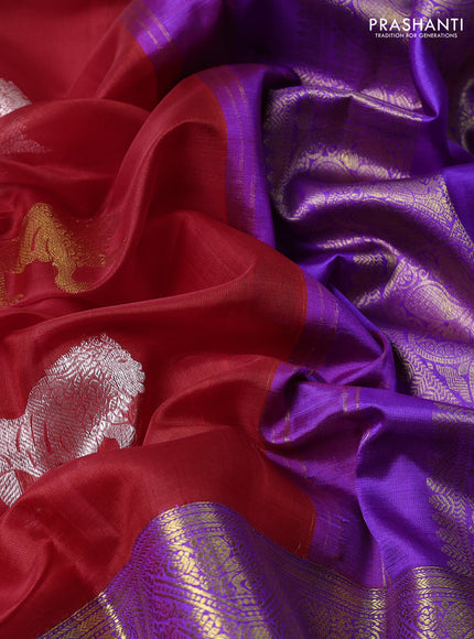 Kora kanchipuram silk saree red and violet with silver & gold zari woven buttas and long zari woven korvai border