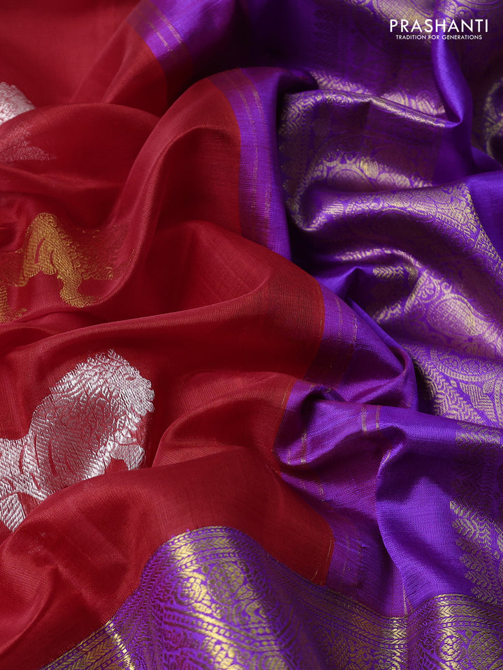 Kora kanchipuram silk saree red and violet with silver & gold zari woven buttas and long zari woven korvai border