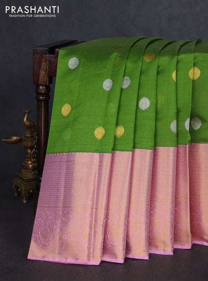 Kora kanchipuram silk saree light green and light pink with allover silver & gold zari woven buttas and long zari woven korvai border