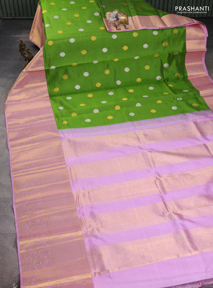 Kora kanchipuram silk saree light green and light pink with allover silver & gold zari woven buttas and long zari woven korvai border