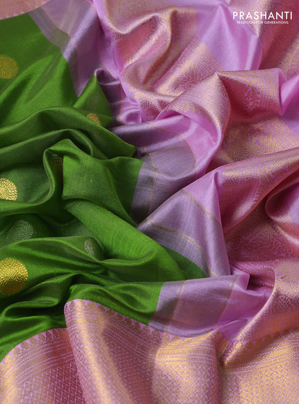 Kora kanchipuram silk saree light green and light pink with allover silver & gold zari woven buttas and long zari woven korvai border