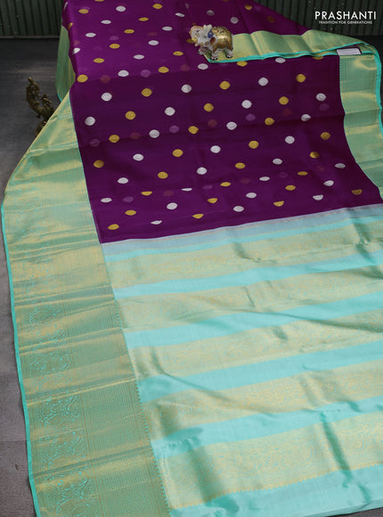 Kora kanchipuram silk saree purple and teal green with allover silver & gold zari woven buttas and long zari woven korvai border