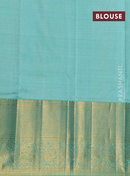 Kora kanchipuram silk saree purple and teal green with allover silver & gold zari woven buttas and long zari woven korvai border