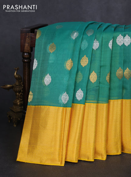 Kora kanchipuram silk saree green and yellow with allover silver & gold zari woven buttas and long zari woven korvai border