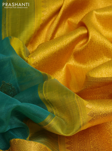 Kora kanchipuram silk saree green and yellow with allover silver & gold zari woven buttas and long zari woven korvai border