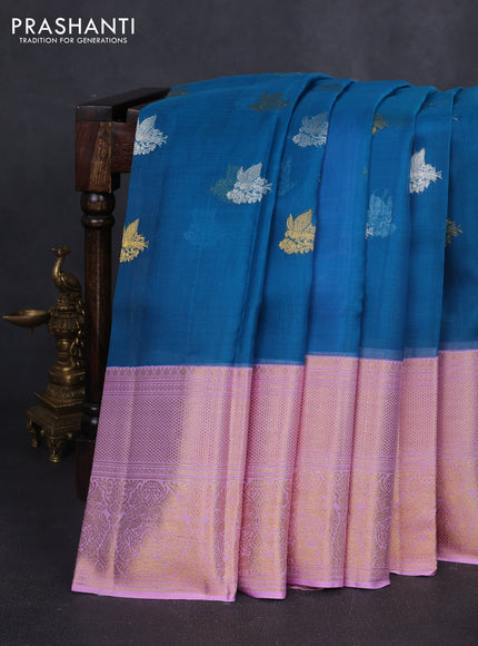 Kora kanchipuram silk saree cs blue and lavender with silver & gold zari woven buttas and long zari woven korvai border