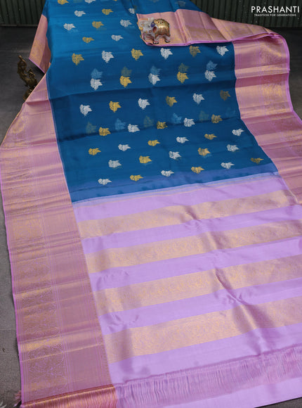 Kora kanchipuram silk saree cs blue and lavender with silver & gold zari woven buttas and long zari woven korvai border