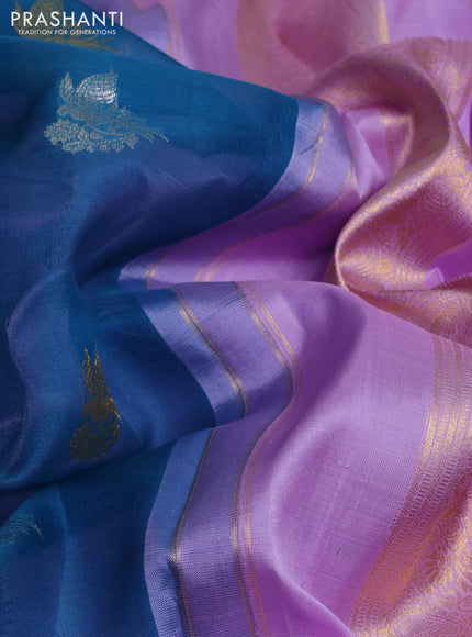 Kora kanchipuram silk saree cs blue and lavender with silver & gold zari woven buttas and long zari woven korvai border