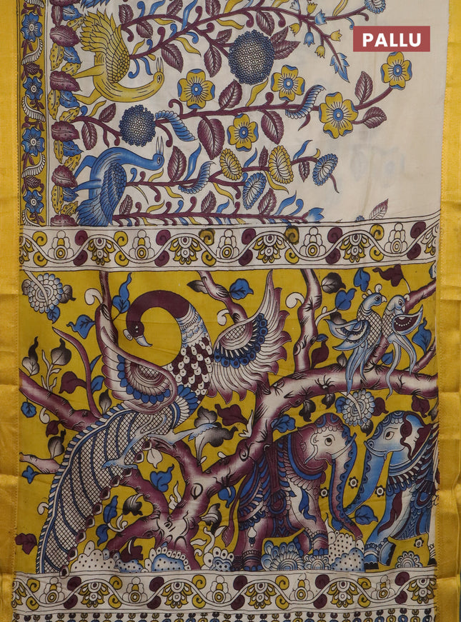 Kalamkari semi silk saree beige and mustard yellow with allover prints and mangalgiri border