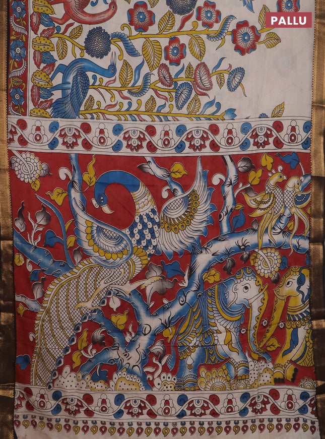 Kalamkari semi silk saree beige and black with allover prints and mangalgiri border