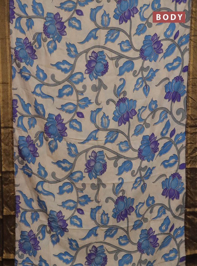 Kalamkari semi silk saree beige and black with allover prints and mangalgiri border