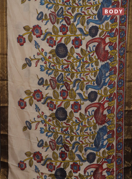 Kalamkari semi silk saree beige and black with allover prints and mangalgiri border