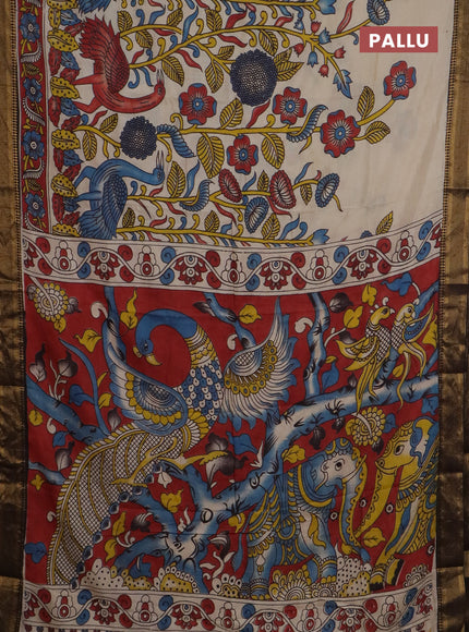 Kalamkari semi silk saree beige and black with allover prints and mangalgiri border