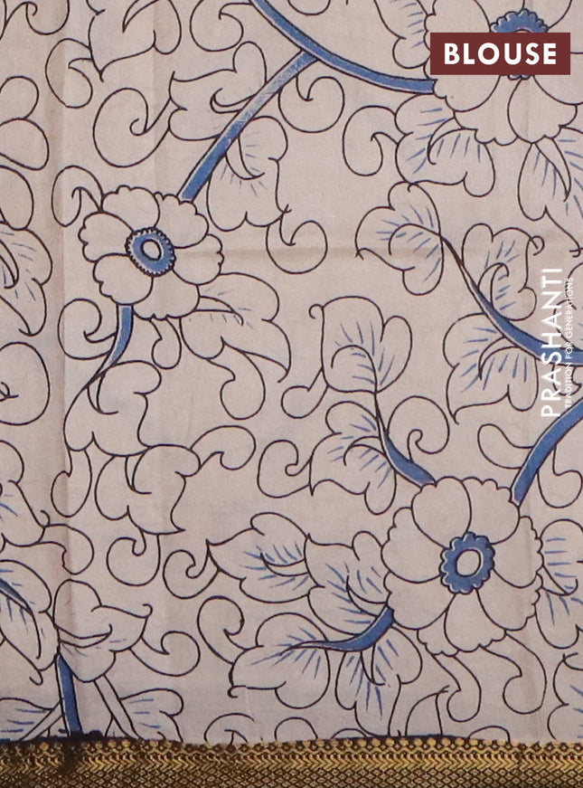 Kalamkari semi silk saree maroon blue and black with allover prints and mangalgiri border