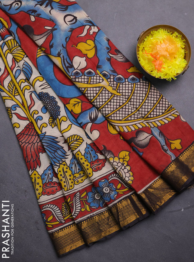 Kalamkari semi silk saree beige and black with allover prints and mangalgiri border